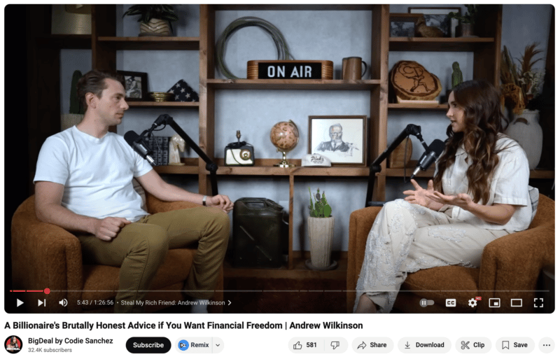 YouTube video thumbnail showing Codie Sanchez interviewed in an on-air studio setting, titled '6 Billionaires Brutally Honest Advice if You Want Financial Freedom'