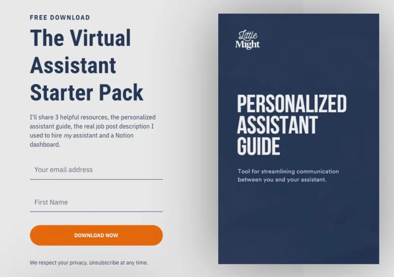 Virtual Assistant Starter Pack lead magnet signup form from Little Might, featuring a navy Personalized Assistant Guide book cover