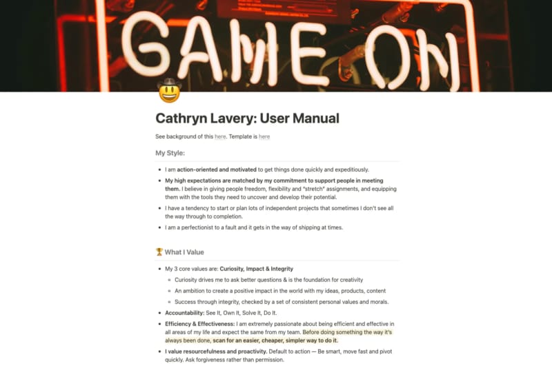 Cathryn Lavery user manual in Notion, listing her work style, values, and personal operating principles against a Game On neon sign background