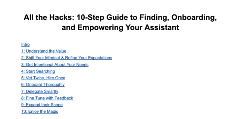 Table of contents from the All the Hacks 10-step guide to finding, onboarding, and empowering an assistant